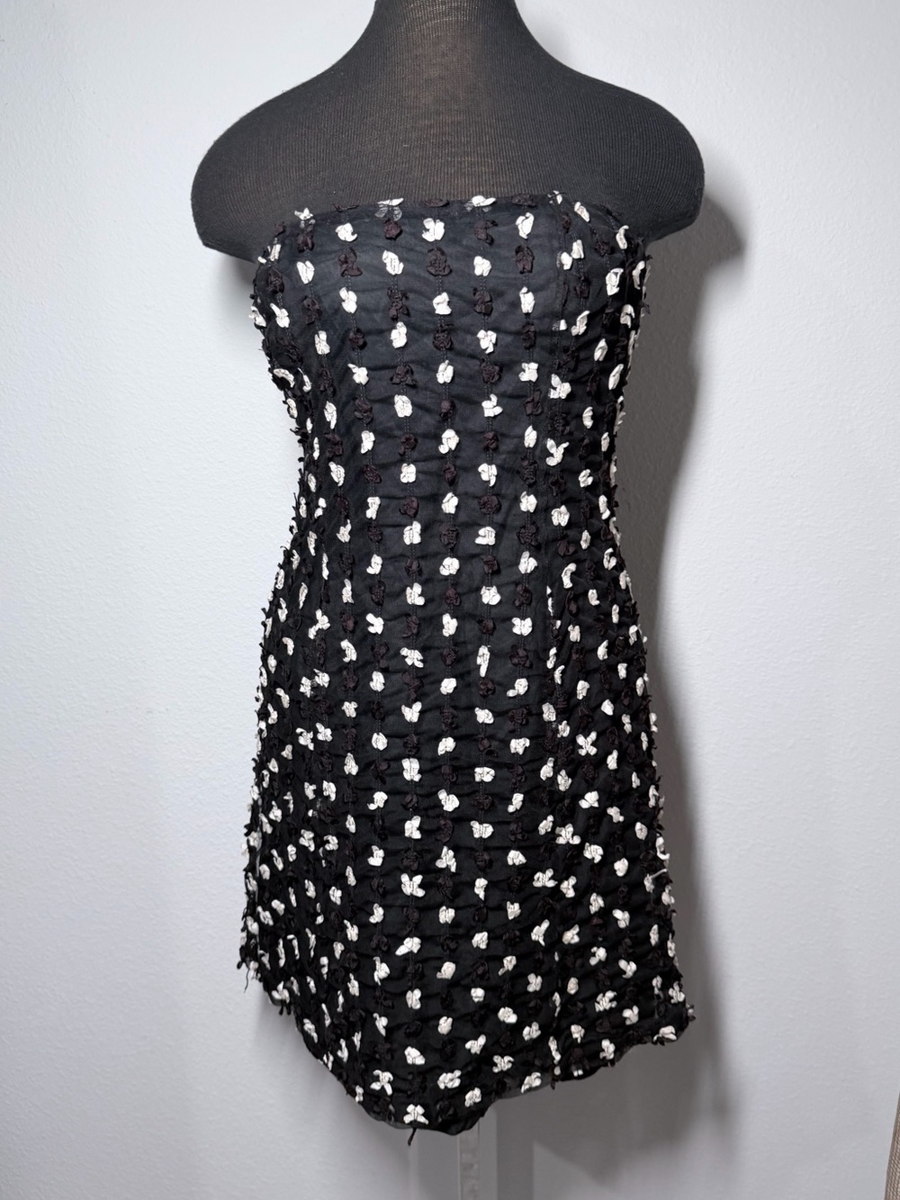 Robin Jordan Black Strapless Mini Dress with White Floral Dots